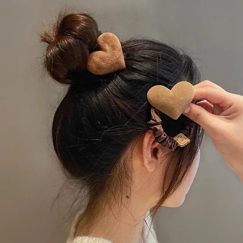 Fashion Coffee Color Heart Bow Shaped Plush Hair Ties Winter Women High Elastic Ponytail Holder Rope Scrunchie for Kids Teens