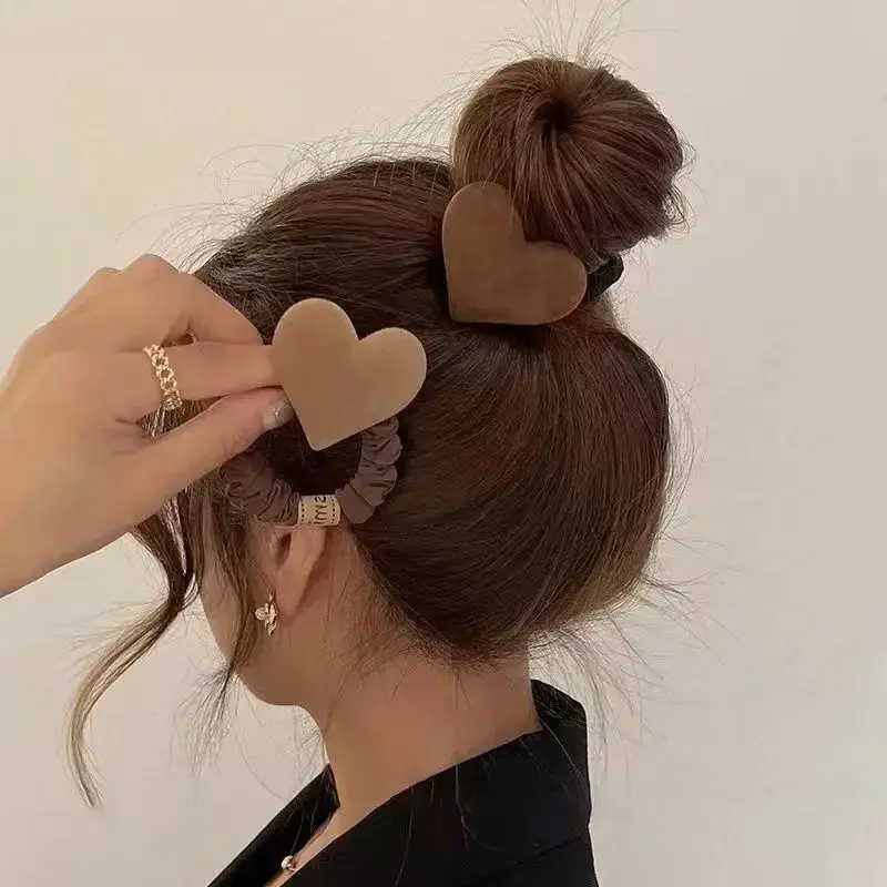 Fashion Coffee Color Heart Bow Shaped Plush Hair Ties Winter Women High Elastic Ponytail Holder Rope Scrunchie for Kids Teens