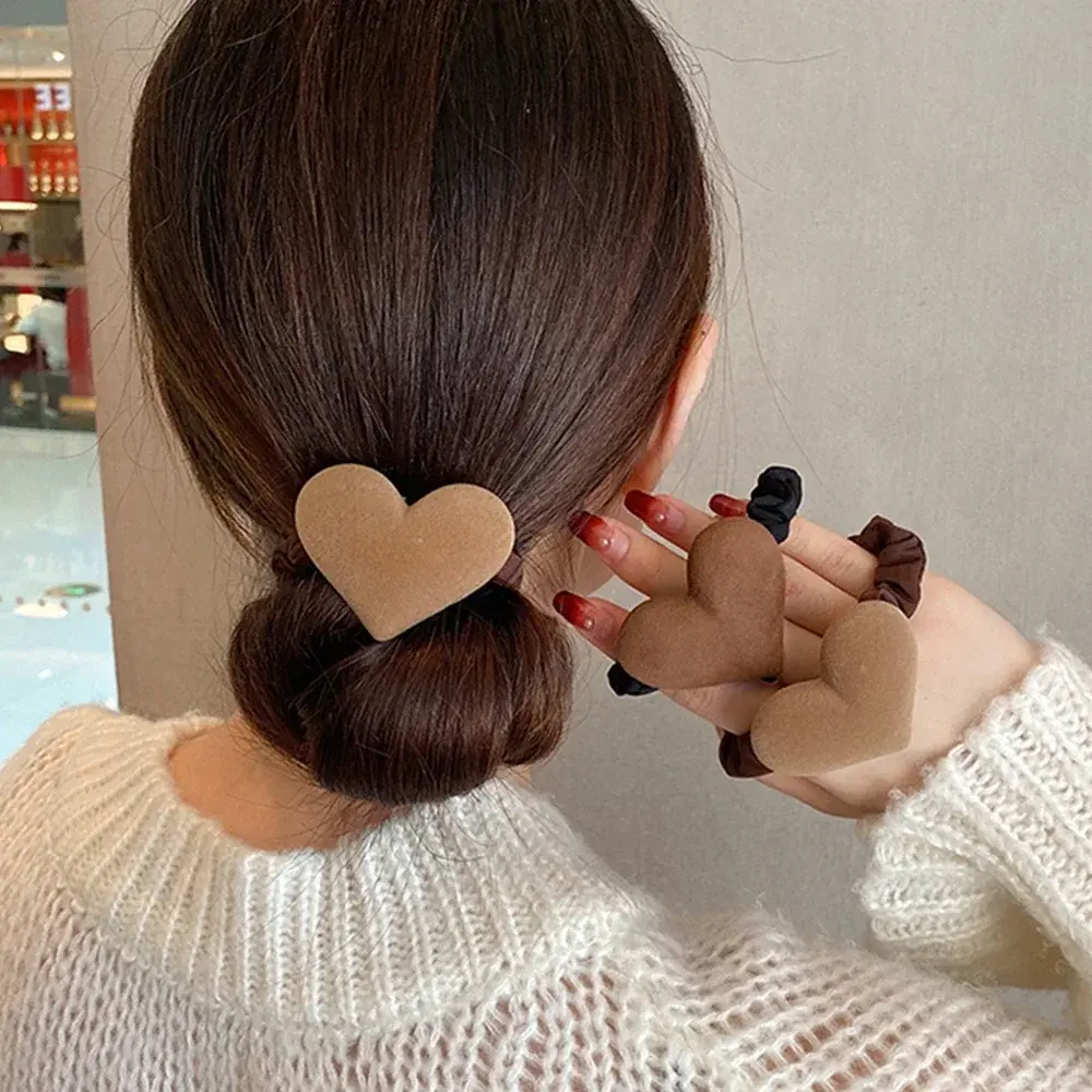 Fashion Coffee Color Heart Bow Shaped Plush Hair Ties Winter Women High Elastic Ponytail Holder Rope Scrunchie for Kids Teens