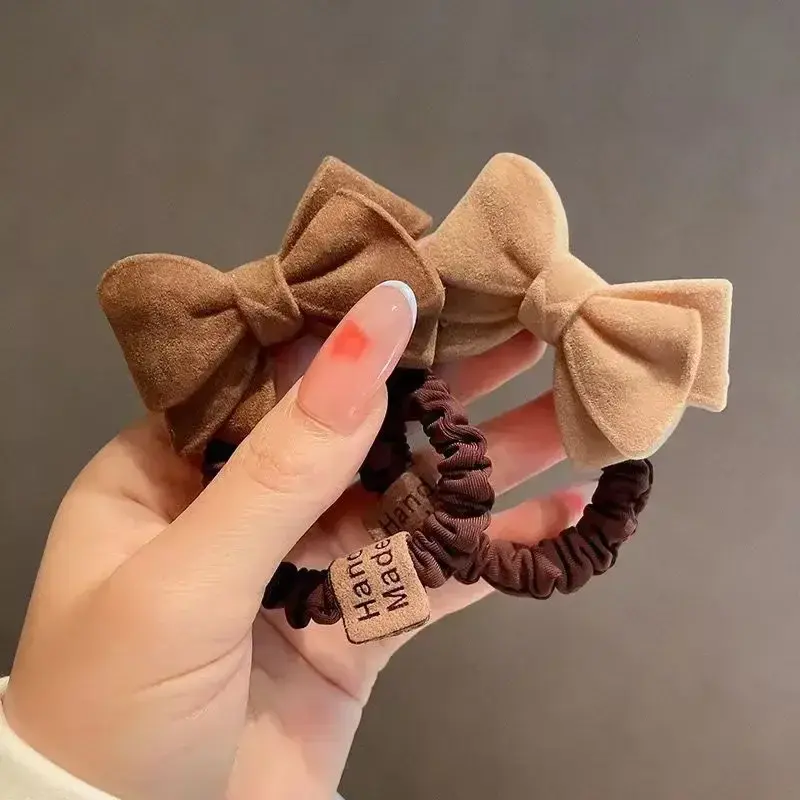 Fashion Coffee Color Heart Bow Shaped Plush Hair Ties Winter Women High Elastic Ponytail Holder Rope Scrunchie for Kids Teens