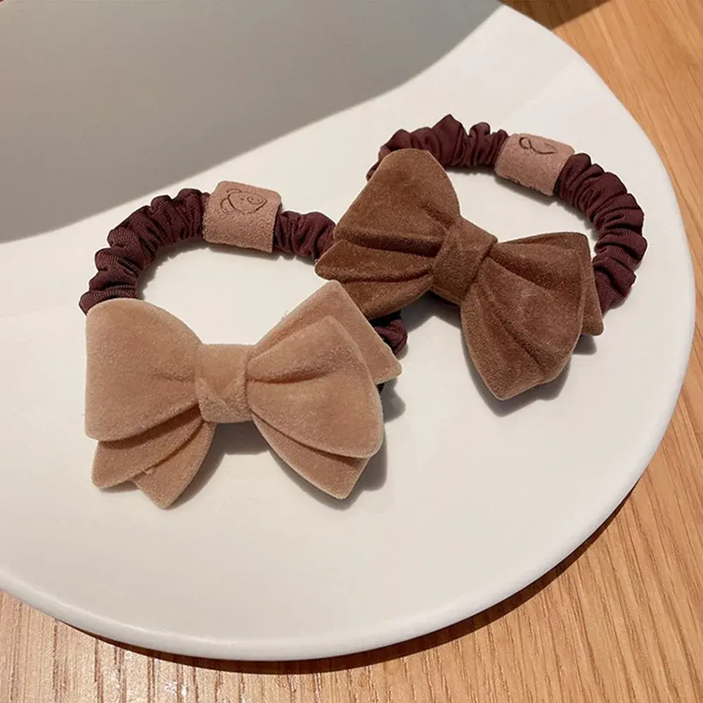 Fashion Coffee Color Heart Bow Shaped Plush Hair Ties Winter Women High Elastic Ponytail Holder Rope Scrunchie for Kids Teens