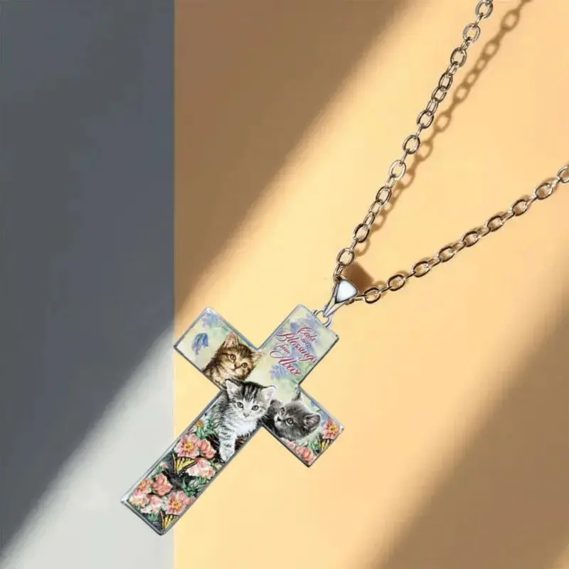 Fashion Exquisite Three Cats Cross Pendant Necklace Personal Necklace Jewelry Accessories Friend Birthday Gift