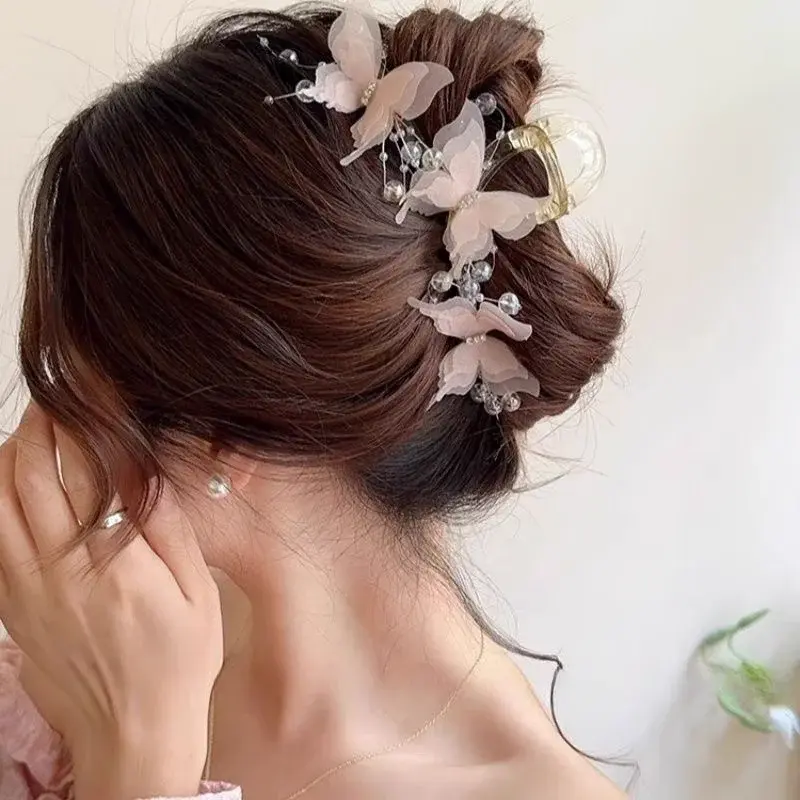 New Butterfly Large Hair Claw for Thick Hair Claws Crab Women Sweet Pink Hairpin Ponytail Hair Clip Claw Accessories