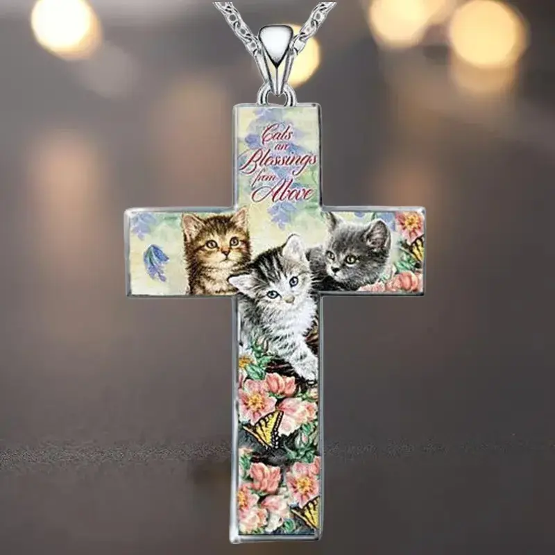 Fashion Exquisite Three Cats Cross Pendant Necklace Personal Necklace Jewelry Accessories Friend Birthday Gift