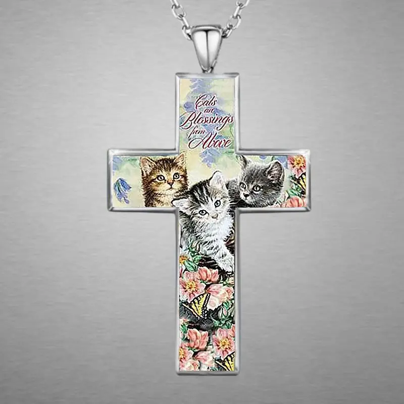 Fashion Exquisite Three Cats Cross Pendant Necklace Personal Necklace Jewelry Accessories Friend Birthday Gift