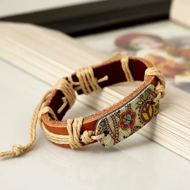 New Fashion Bracelets for Women Hippie Retro Leather Adjustable Bracelet HandMade Jewelry for Women Flower Print Rope Gifts