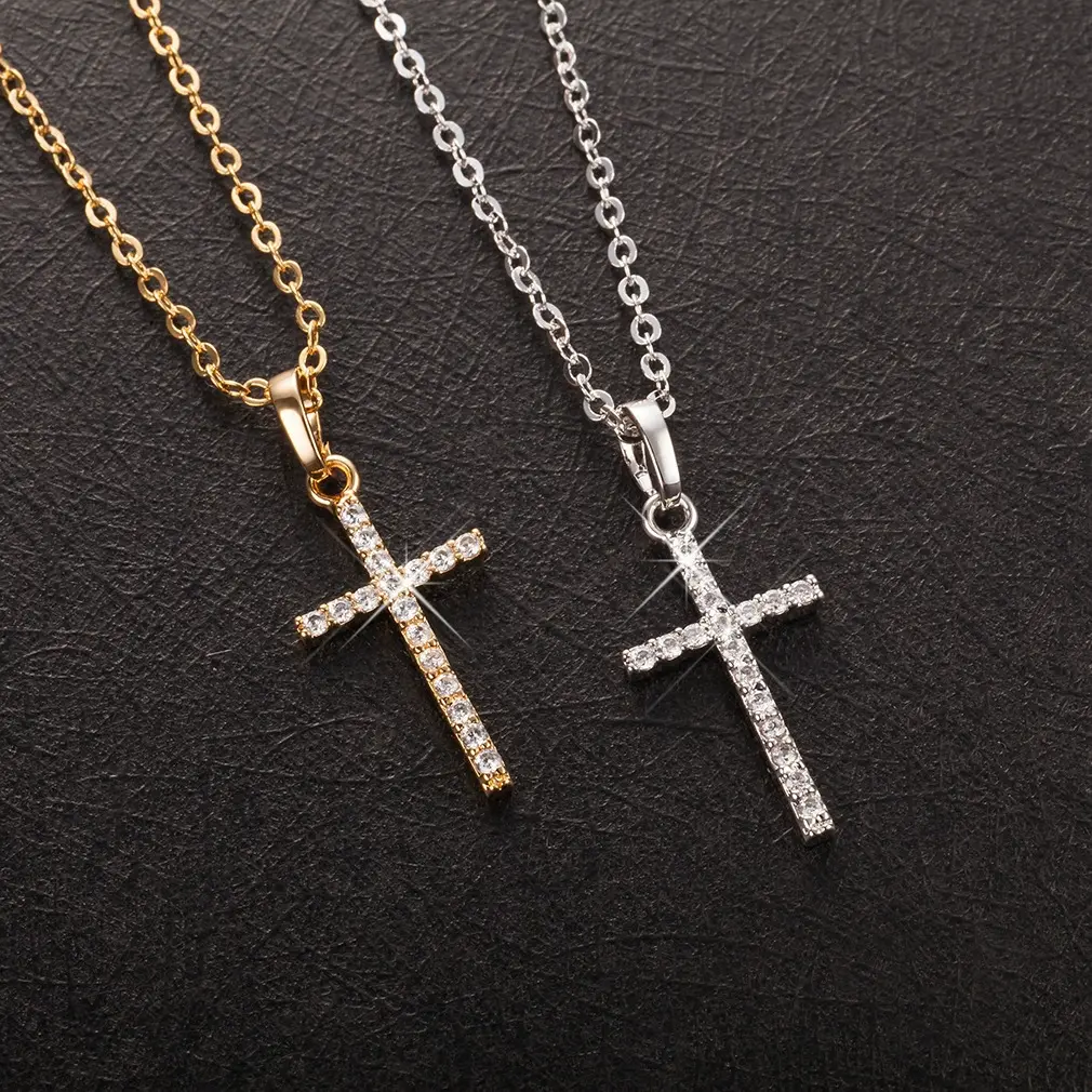 2pcs Fashion Ins Christian Jesus Cross Necklaces Silver Color Long Chain Simple Pendants for Women Men Jewelry Gifts