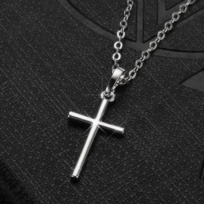 2pcs Fashion Ins Christian Jesus Cross Necklaces Silver Color Long Chain Simple Pendants for Women Men Jewelry Gifts