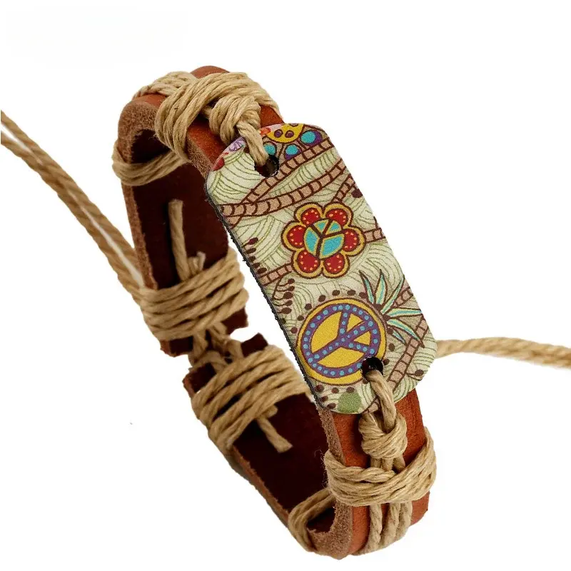 New Fashion Bracelets for Women Hippie Retro Leather Adjustable Bracelet HandMade Jewelry for Women Flower Print Rope Gifts
