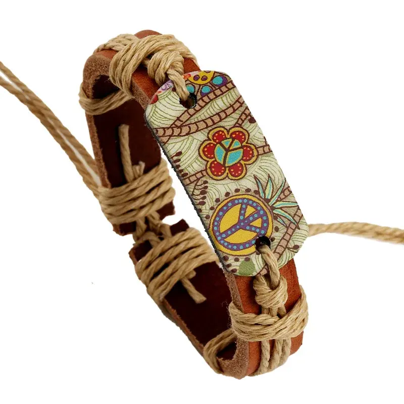 New Fashion Bracelets for Women Hippie Retro Leather Adjustable Bracelet HandMade Jewelry for Women Flower Print Rope Gifts