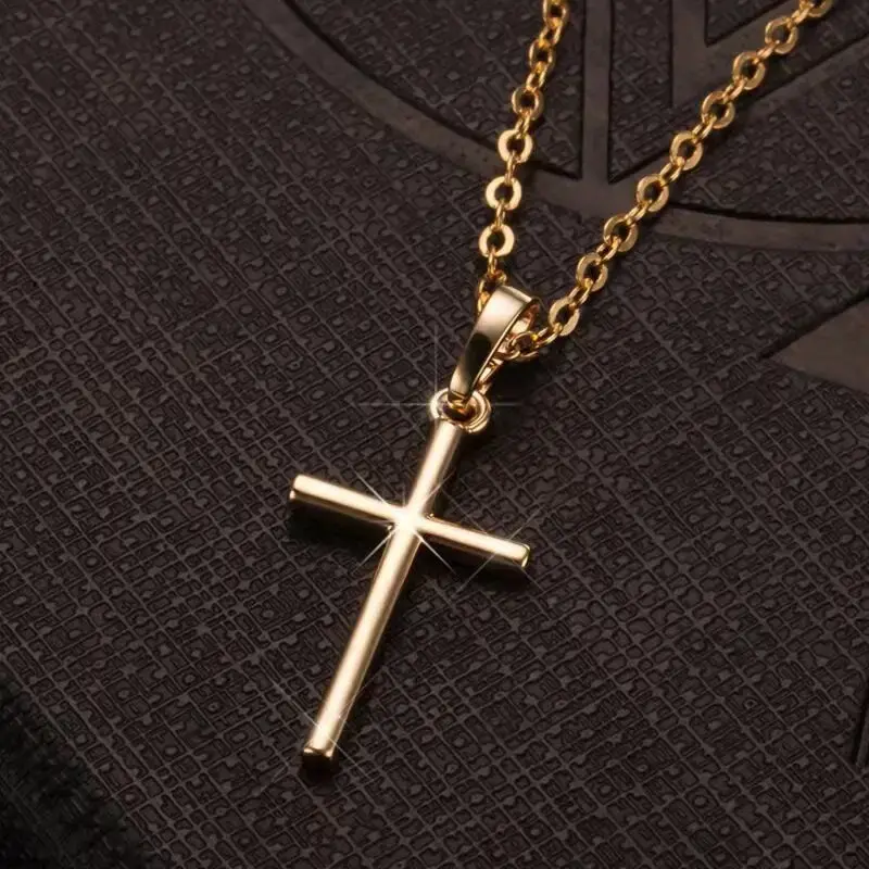 2pcs Fashion Ins Christian Jesus Cross Necklaces Silver Color Long Chain Simple Pendants for Women Men Jewelry Gifts