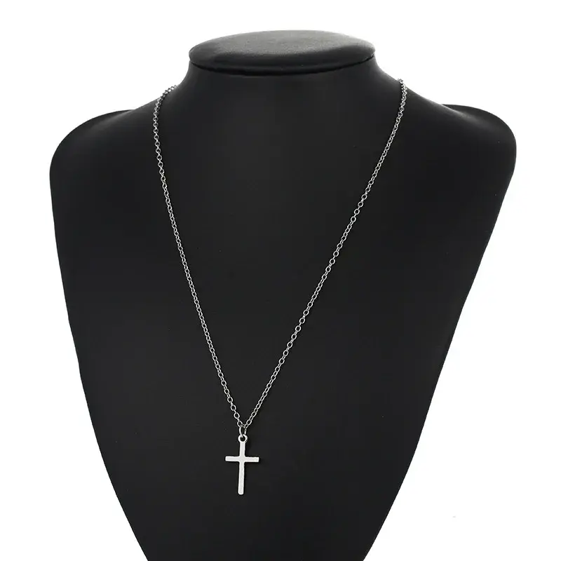 2pcs Fashion Ins Christian Jesus Cross Necklaces Silver Color Long Chain Simple Pendants for Women Men Jewelry Gifts
