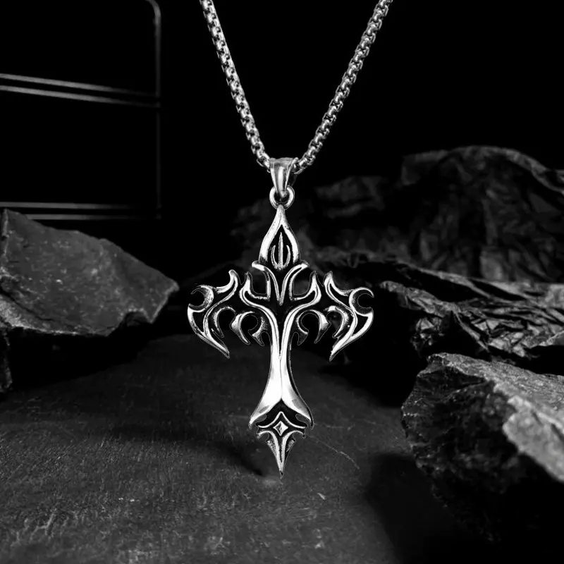 Hip Hop Fashion Retro Jewelry Unique Design Stainless Steel Flame Cross Pendant Necklace Goth Necklaces Gift for Women Men