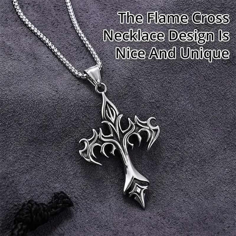 Hip Hop Fashion Retro Jewelry Unique Design Stainless Steel Flame Cross Pendant Necklace Goth Necklaces Gift for Women Men