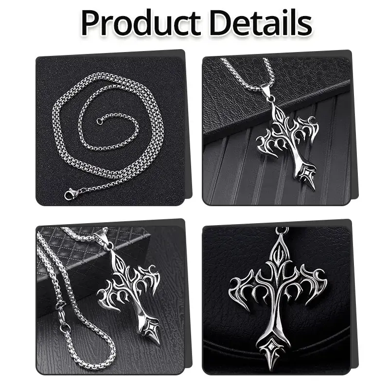 Hip Hop Fashion Retro Jewelry Unique Design Stainless Steel Flame Cross Pendant Necklace Goth Necklaces Gift for Women Men