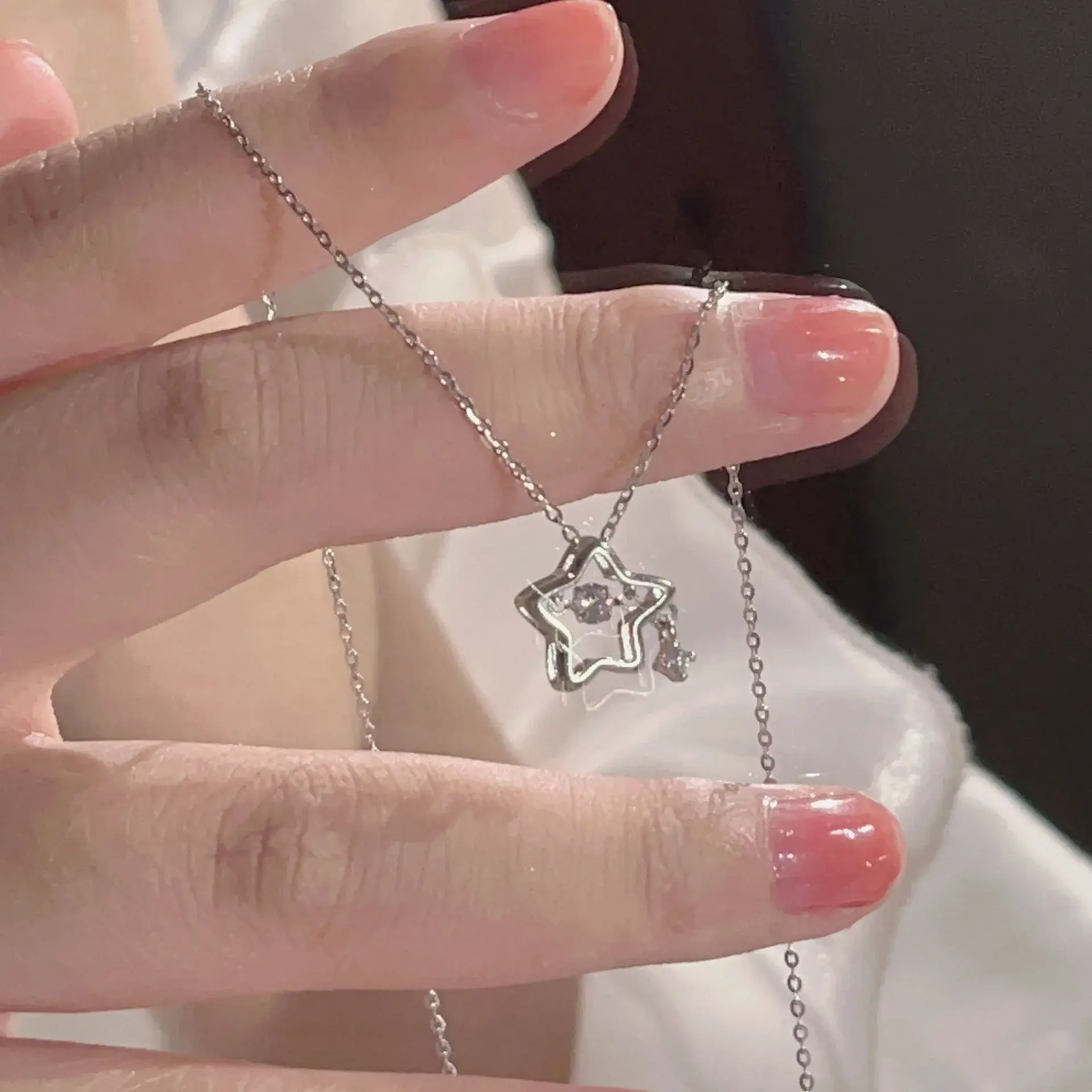 Fashion Women Necklace Double Layer Zircon Pentagram Moon Pendant Necklace Delicate Chain Charm Elegant Fashion Jewelry Gifts