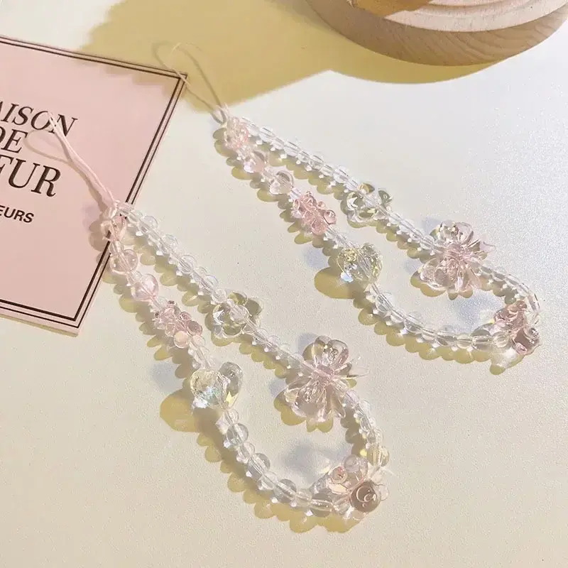 Korean Pink Bear Butterfly Flower Phone Strap Charm Chain Knot Cellphone Lanyard Keychain Woman Girl Bag Camera Pendant for Case