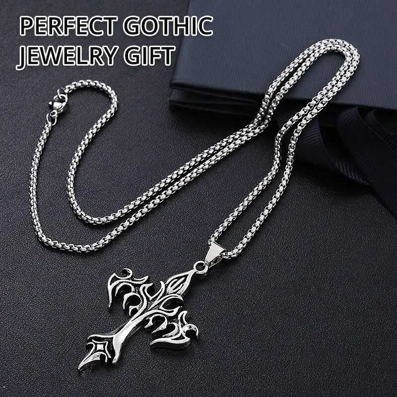 Hip Hop Fashion Retro Jewelry Unique Design Stainless Steel Flame Cross Pendant Necklace Goth Necklaces Gift for Women Men
