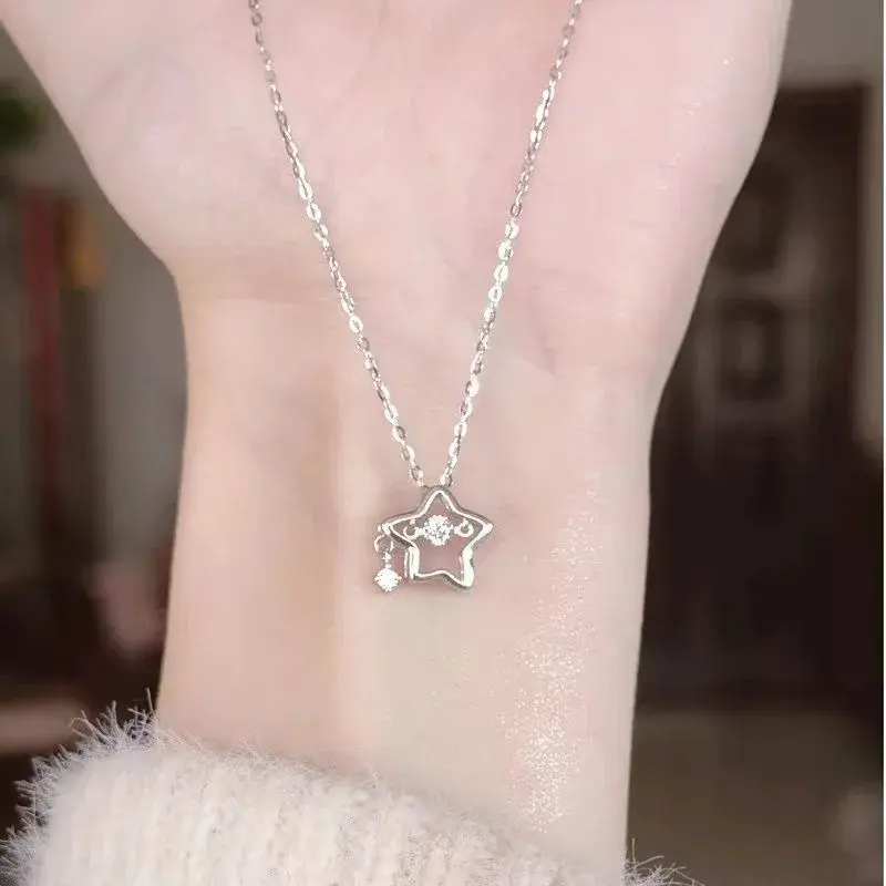 Fashion Women Necklace Double Layer Zircon Pentagram Moon Pendant Necklace Delicate Chain Charm Elegant Fashion Jewelry Gifts