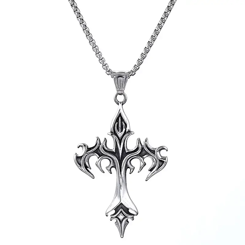 Hip Hop Fashion Retro Jewelry Unique Design Stainless Steel Flame Cross Pendant Necklace Goth Necklaces Gift for Women Men