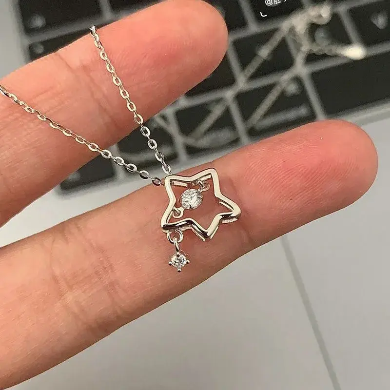 Fashion Women Necklace Double Layer Zircon Pentagram Moon Pendant Necklace Delicate Chain Charm Elegant Fashion Jewelry Gifts