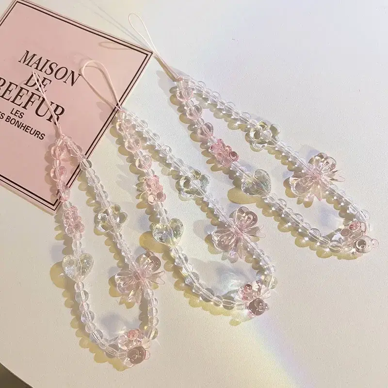 Korean Pink Bear Butterfly Flower Phone Strap Charm Chain Knot Cellphone Lanyard Keychain Woman Girl Bag Camera Pendant for Case