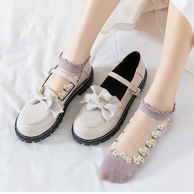 Breathable Short Socks Japanese Cute Little Fresh Ins Short Floral Glass Silk Women Socks Spring Summer Thin Crystal Boat Socks