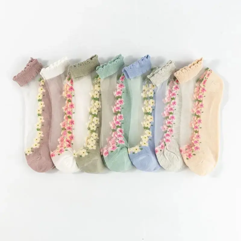 Breathable Short Socks Japanese Cute Little Fresh Ins Short Floral Glass Silk Women Socks Spring Summer Thin Crystal Boat Socks