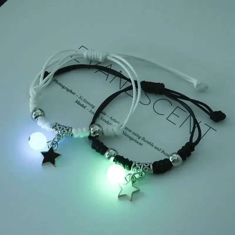 2PCS Luminous Beads Star Couple Bracelet for Women Men Charm Cat Flower Heart Key Lock Cross Matching Friend Bracelets Jewelry