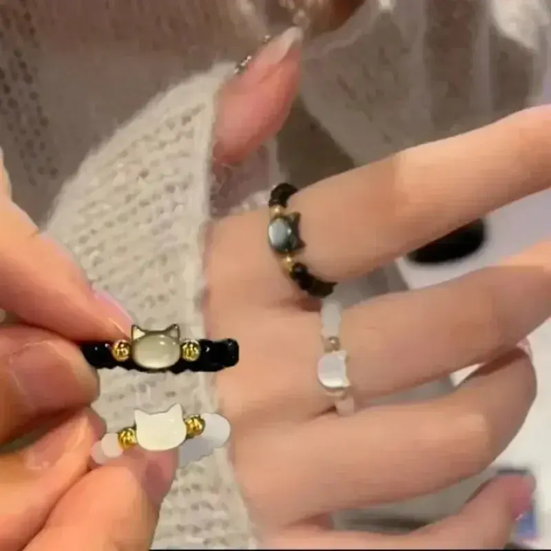 New Natural Moonstone Obsidian Rings Beads Minimalist Fidget Ring Cute Black White Cat Ring Women Men Party Accessories Jewelry