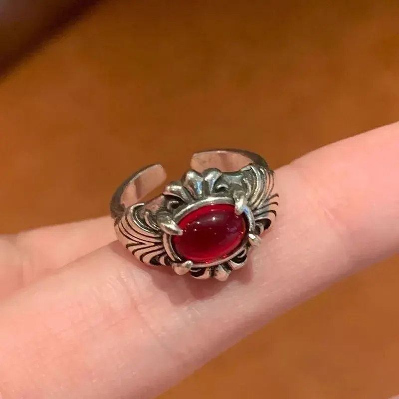 Fashion Vintage Gothic Red Crystal Cross Geometry Open Rings for Women Y2k Punk Creative Grunge Jewelry Accessories Gift