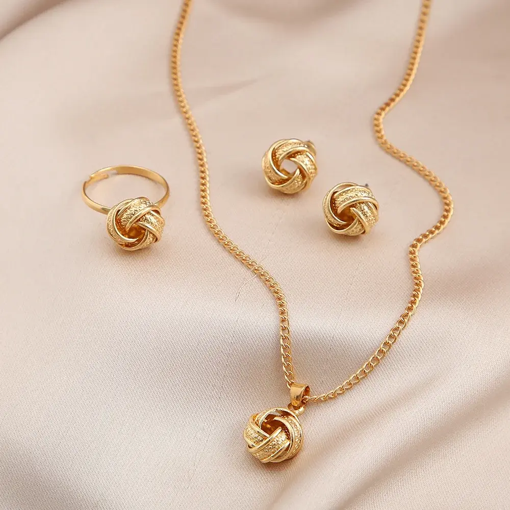 4pcs/set Gold Color Metal Twist Sphere Earrings Necklace Ring Jewelry Set Women Girls Trendy Geometric Vintage Accesories