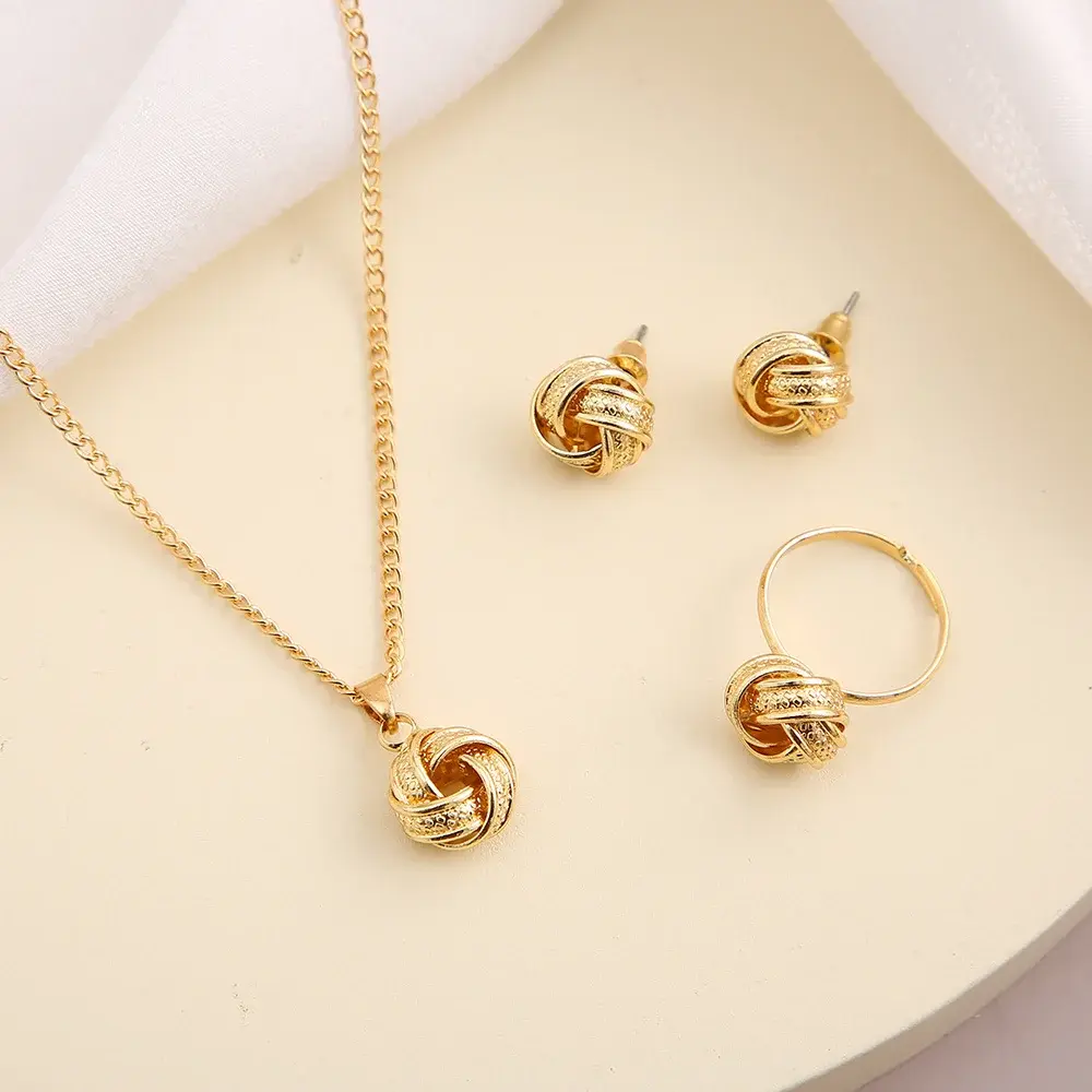 4pcs/set Gold Color Metal Twist Sphere Earrings Necklace Ring Jewelry Set Women Girls Trendy Geometric Vintage Accesories