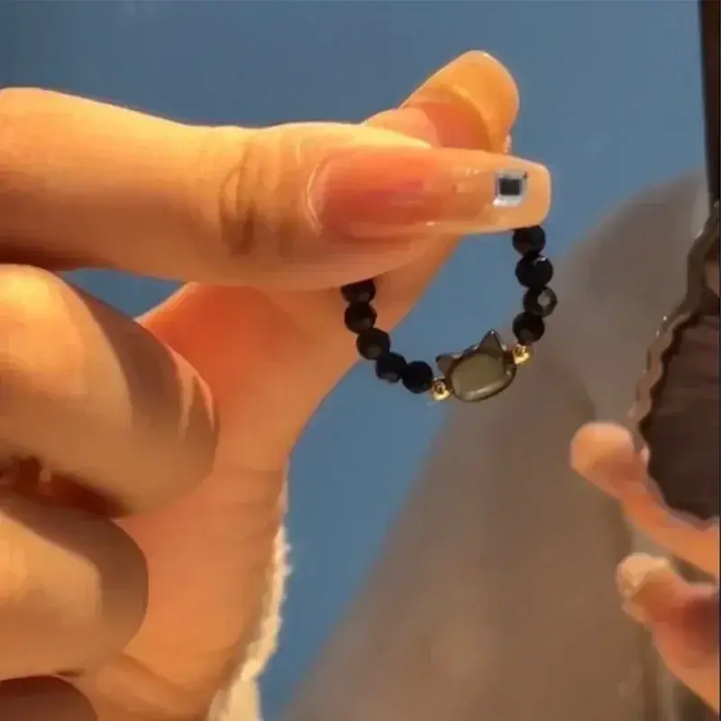 New Natural Moonstone Obsidian Rings Beads Minimalist Fidget Ring Cute Black White Cat Ring Women Men Party Accessories Jewelry