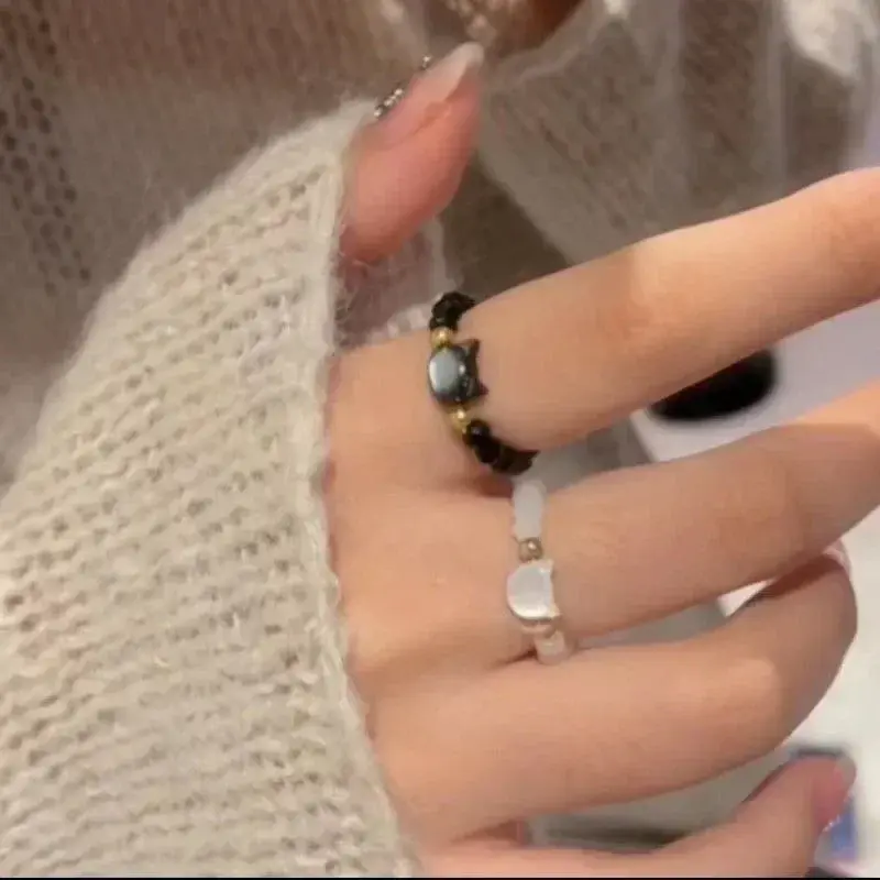 New Natural Moonstone Obsidian Rings Beads Minimalist Fidget Ring Cute Black White Cat Ring Women Men Party Accessories Jewelry