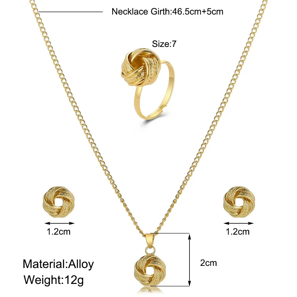 4pcs/set Gold Color Metal Twist Sphere Earrings Necklace Ring Jewelry Set Women Girls Trendy Geometric Vintage Accesories