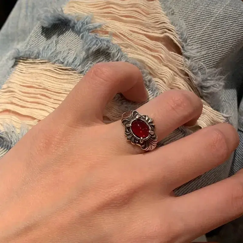 Fashion Vintage Gothic Red Crystal Cross Geometry Open Rings for Women Y2k Punk Creative Grunge Jewelry Accessories Gift