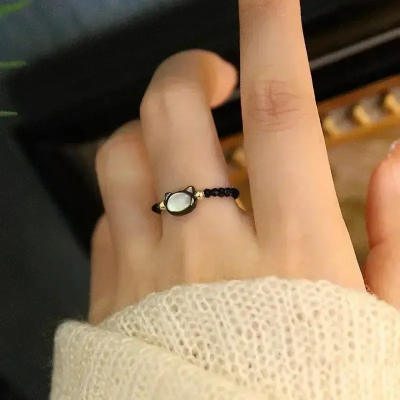 New Natural Moonstone Obsidian Rings Beads Minimalist Fidget Ring Cute Black White Cat Ring Women Men Party Accessories Jewelry
