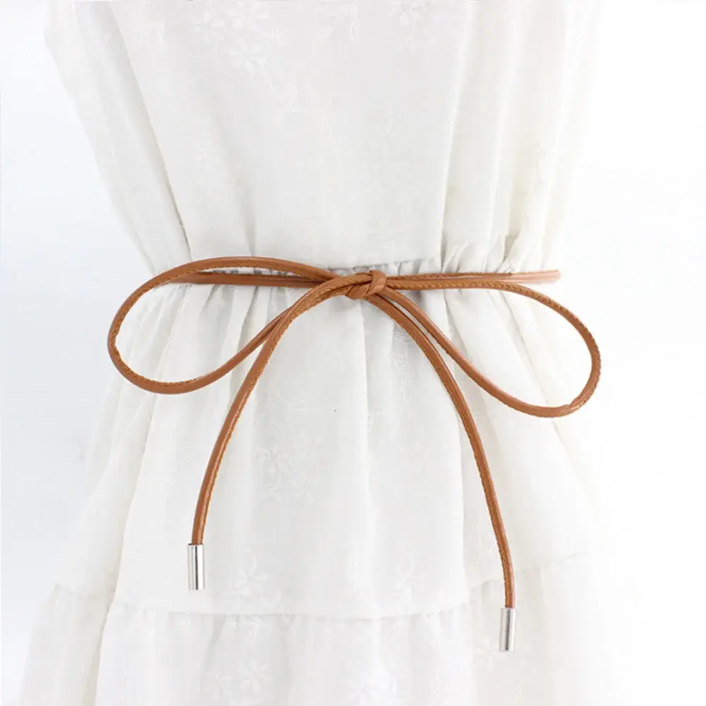 New Round Leather Rope Dresses Coat Decoration String Waist Belt for Women Solid Fashion Long Waist Chain Vintage Waistband