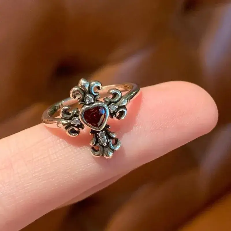 Fashion Vintage Gothic Red Crystal Cross Geometry Open Rings for Women Y2k Punk Creative Grunge Jewelry Accessories Gift
