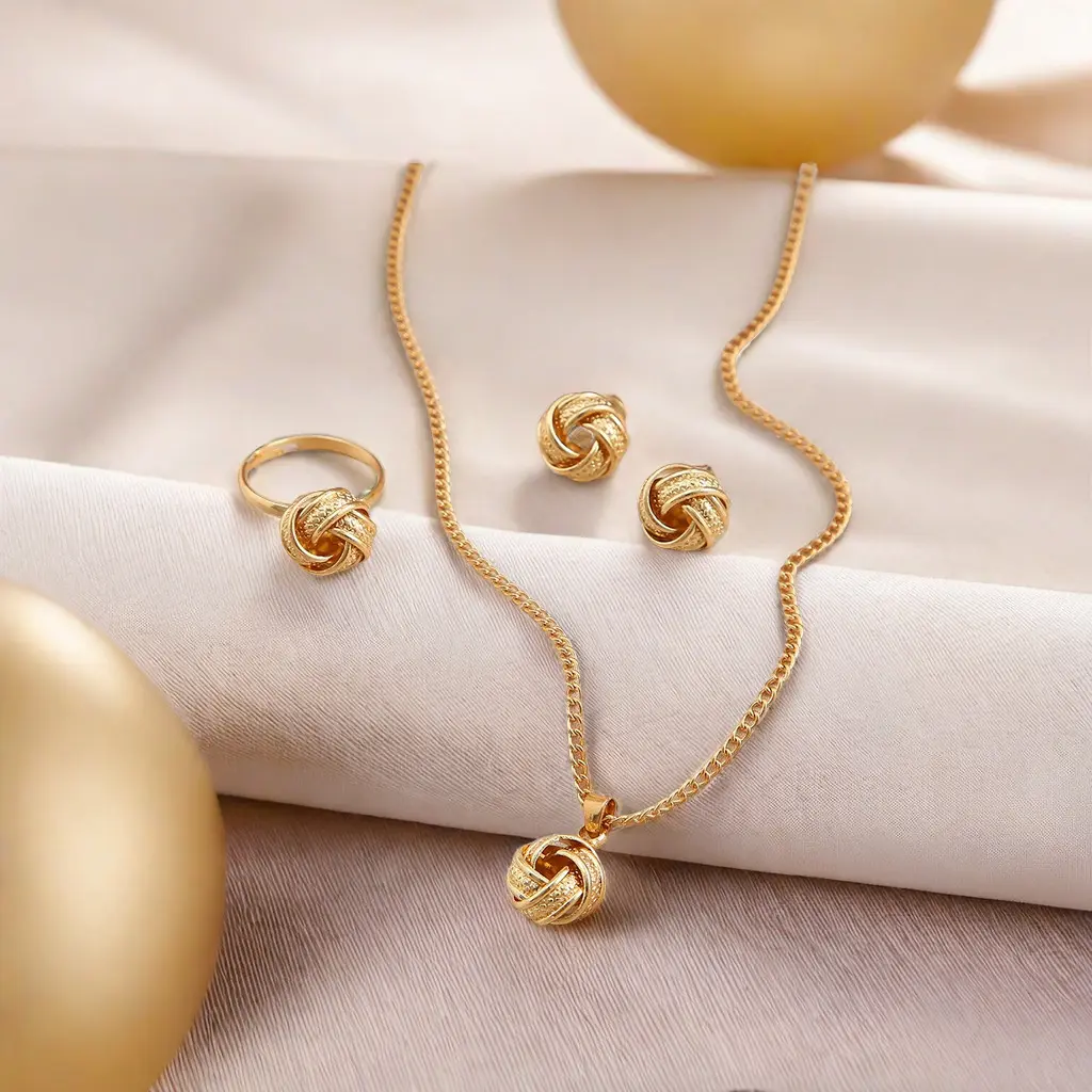 4pcs/set Gold Color Metal Twist Sphere Earrings Necklace Ring Jewelry Set Women Girls Trendy Geometric Vintage Accesories