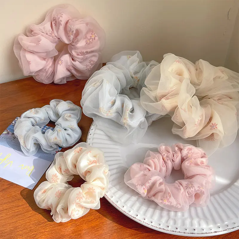 Fashion Embroidery Hair Bands Silk Hair Rope Oversized Floral Headwear Scrunchie Hairs Accessories Net Yarn Elastic Hair Ties