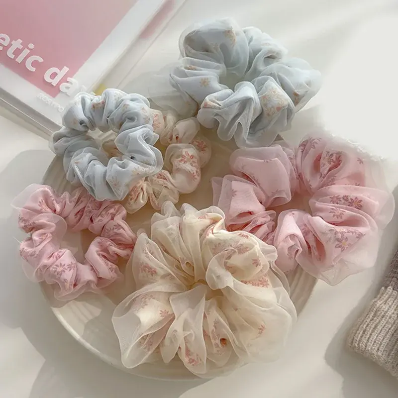 Fashion Embroidery Hair Bands Silk Hair Rope Oversized Floral Headwear Scrunchie Hairs Accessories Net Yarn Elastic Hair Ties