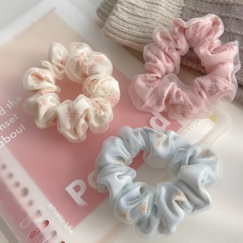 Fashion Embroidery Hair Bands Silk Hair Rope Oversized Floral Headwear Scrunchie Hairs Accessories Net Yarn Elastic Hair Ties