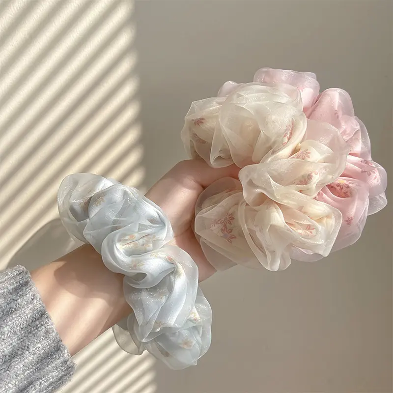 Fashion Embroidery Hair Bands Silk Hair Rope Oversized Floral Headwear Scrunchie Hairs Accessories Net Yarn Elastic Hair Ties