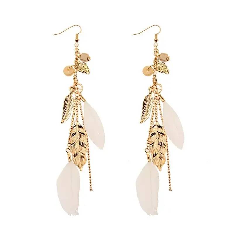 Women's Vintage Long Bohemian Leaf Feather Hanging Drop Earrings Indian Jewelry Female Chain Pendant Tassel Earring Oorbellen