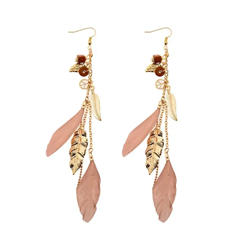 Women's Vintage Long Bohemian Leaf Feather Hanging Drop Earrings Indian Jewelry Female Chain Pendant Tassel Earring Oorbellen