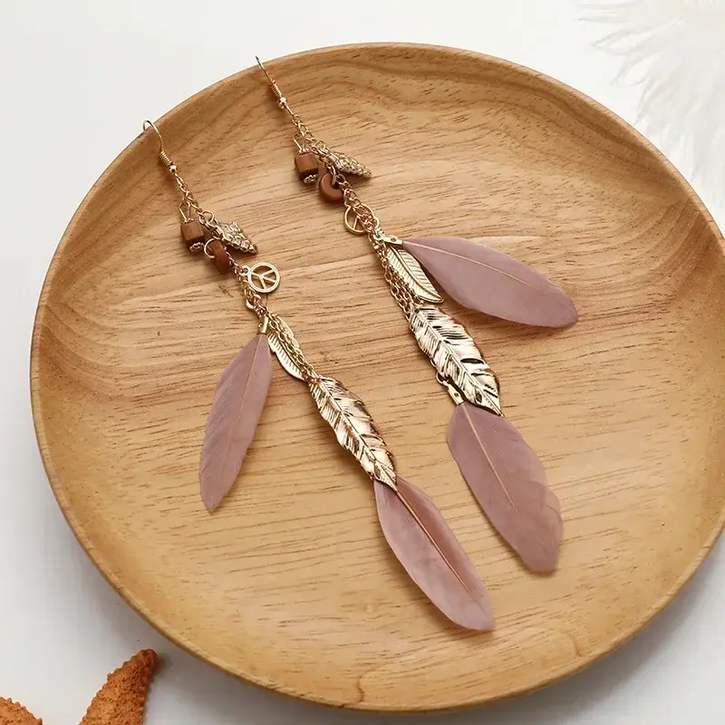 Women's Vintage Long Bohemian Leaf Feather Hanging Drop Earrings Indian Jewelry Female Chain Pendant Tassel Earring Oorbellen