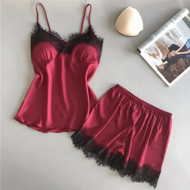 Elegant Sexy Women's V-Neck Sexy Lace Pajama Set Women's Sexy Lace Suspender Top Shorts Set Casual Home Pajamas