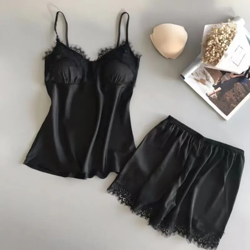 Elegant Sexy Women's V-Neck Sexy Lace Pajama Set Women's Sexy Lace Suspender Top Shorts Set Casual Home Pajamas